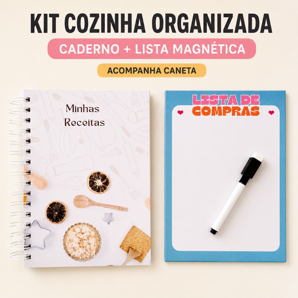 Caderno de Receitas + Lista de Compras Magnética com Caneta