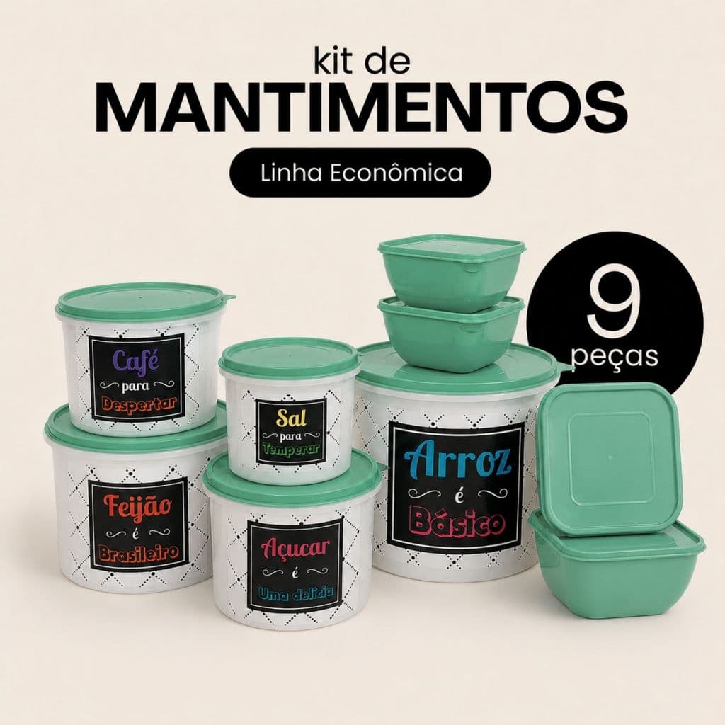 Conjunto 9 Potes Herméticos LINHA ECONÔMICA – 5 para Mantimentos + 4 Quadrados de 500ml