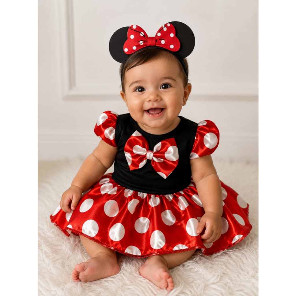 Fantasia Infantil Bebe Minnie Vermelha Roupa Body Com Acessorio Faixa Princesa