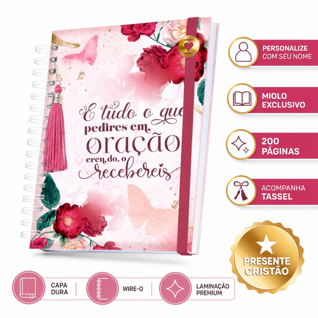 Caderno de Oração Personalizado A5 Com Nome Diário Espiritual Cristão 200 Páginas Capa Dura
