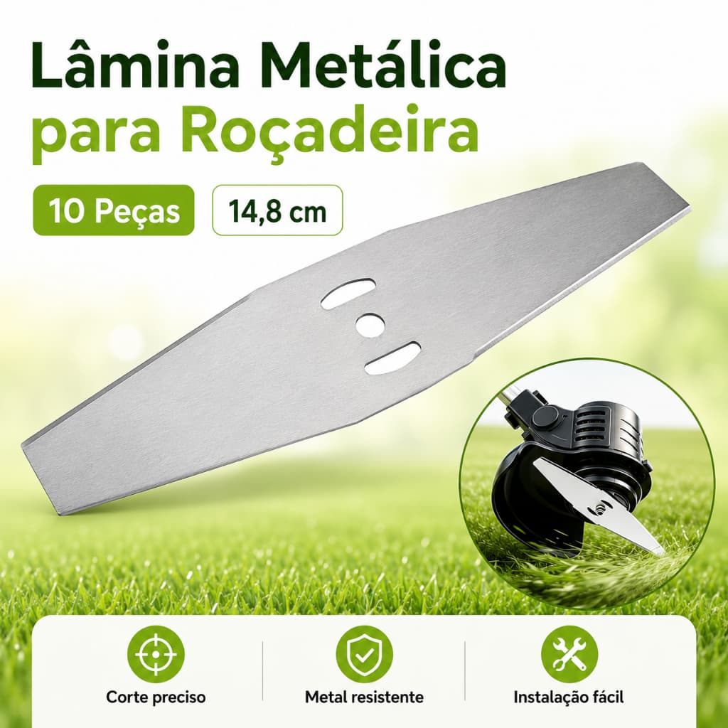 Kit 10 Lâminas Metálicas para Roçadeira 14,8 cm em Aço Carbono para Aparador de Grama e Mato