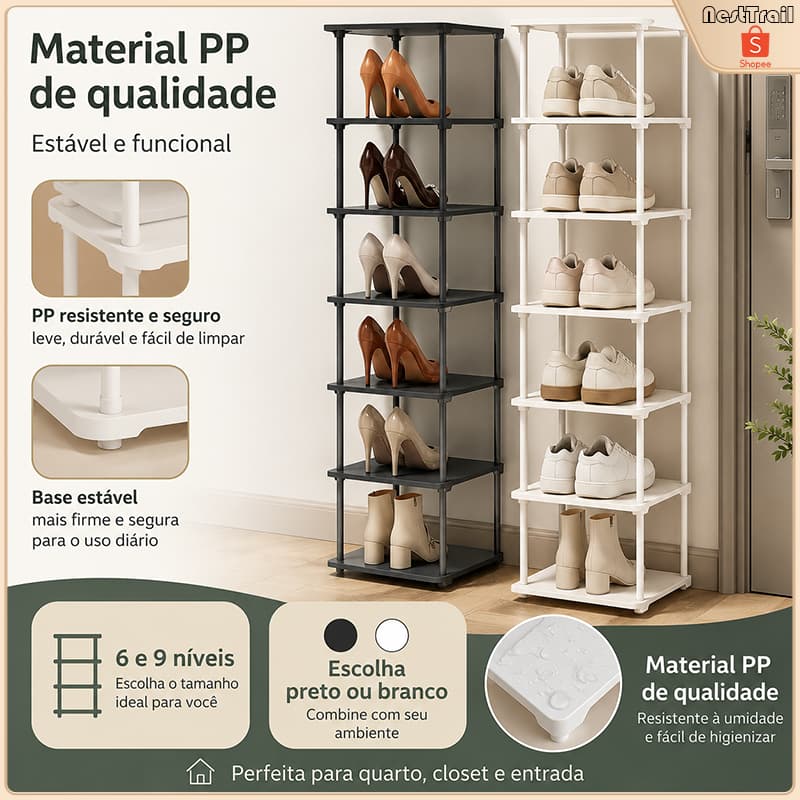 Sapateira Vertical Multiuso 6 ou 9 Níveis, Organizador de Sapatos Compacto para Quarto, Closet e Entrada