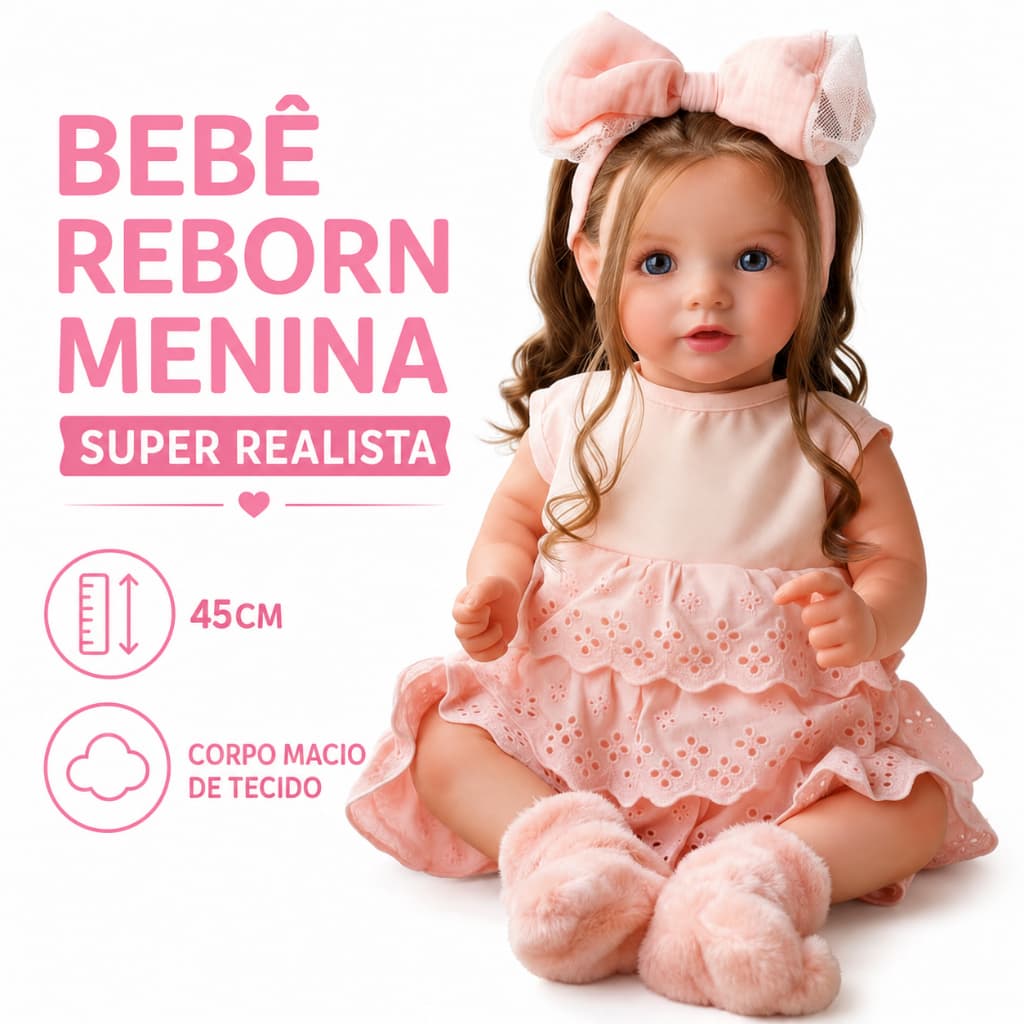 Bebê Reborn Boneca Silicone 45cm Menina Realista Pintado Original Bebe De Sorriso Corpo de Tecido.