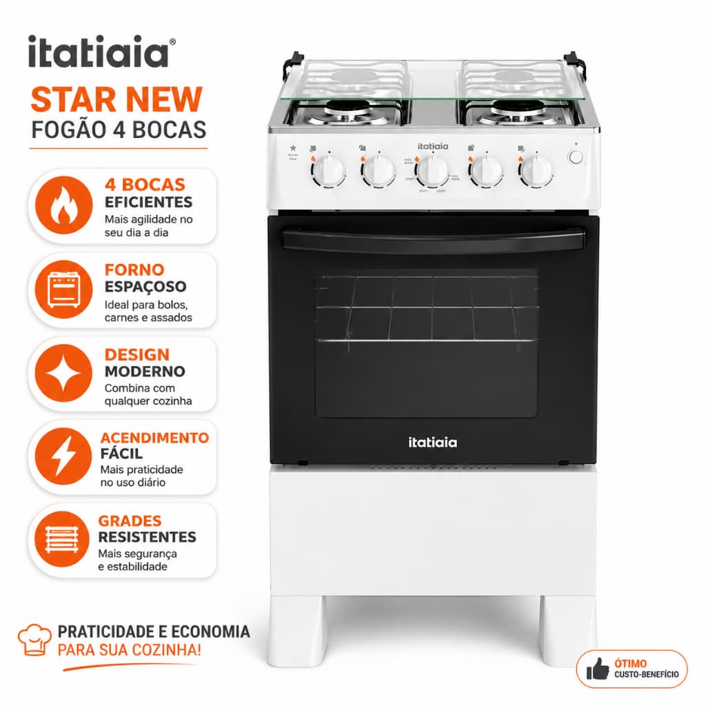 Fogão 4 Bocas Itatiaia Star New Branco | Acendimento Automático | Forno Espaçoso | Porta de Vidro