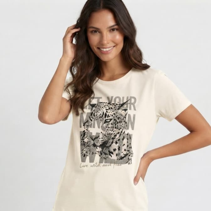 Blusa T-Shirt Feminina 100% Algodão Peruano Camiseta Estampada Onça Animal Print Manga Curta Moda Verão