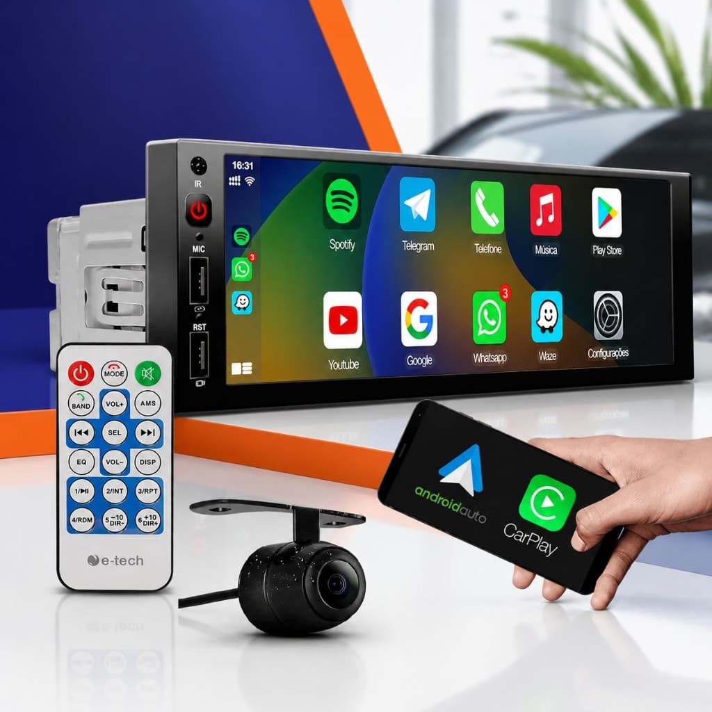 Central Multimídia + Câmera De Ré 1 Din 6 Android Auto Apple Carplay Acessório Som Automotivo Áudio Vídeo Carro Veículo