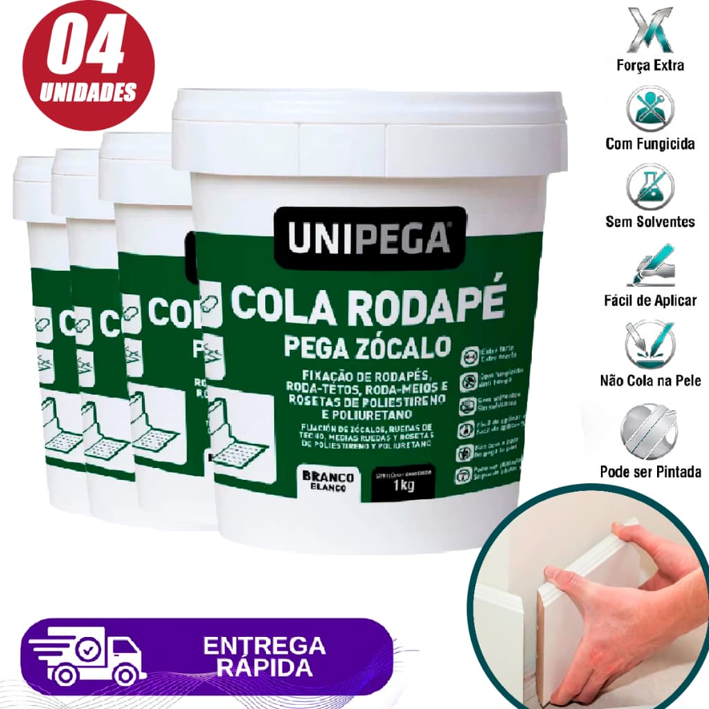 Kit 4 Cola Rodape Adesivo Acrilico Pote 1kg Madeira Mdf Tijolo Azulejo Gesso Plástico Teto Moldura