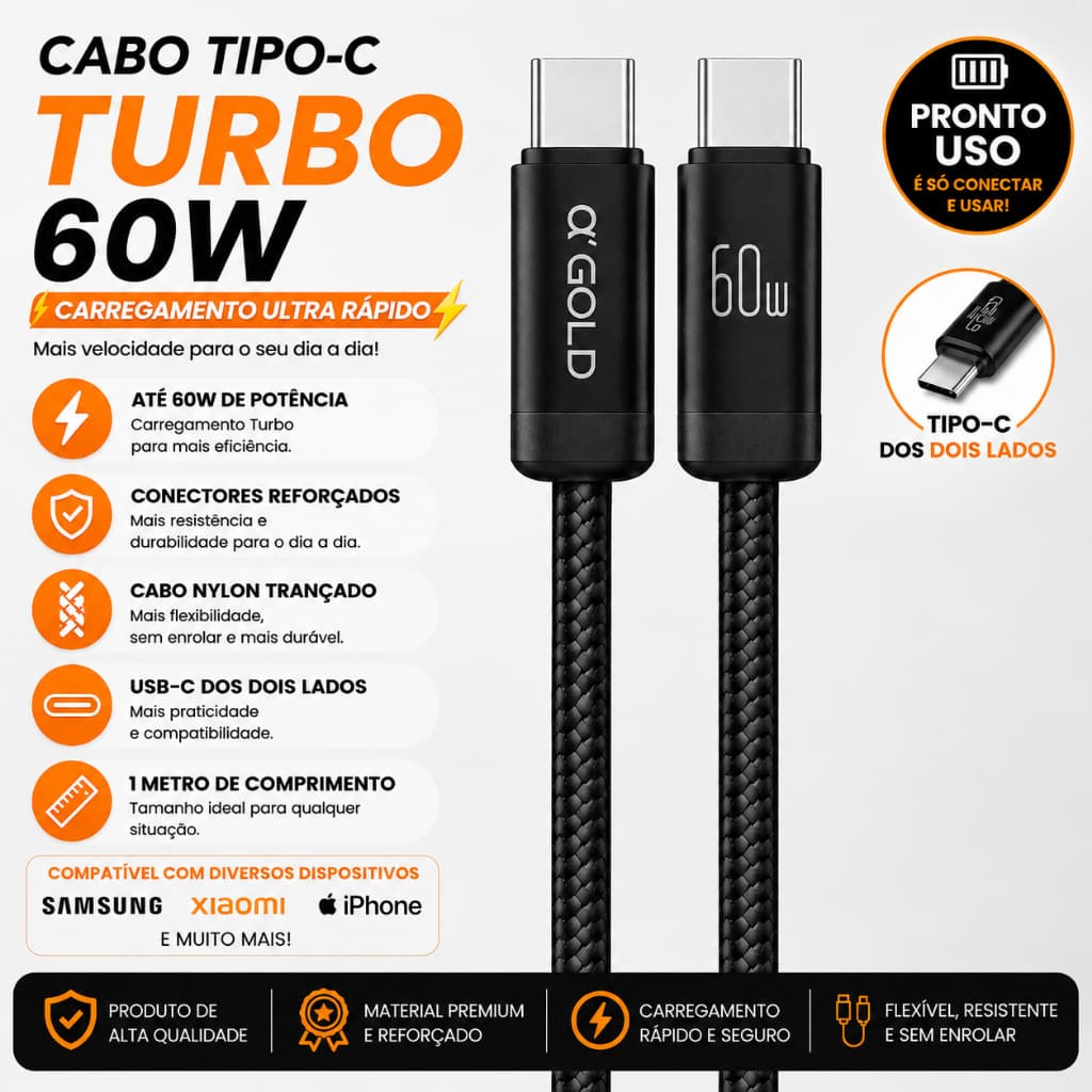 Cabo Carregador USB-C Tipo C para Tipo C 60W Carga Rápida 1 Metro A+ Gold