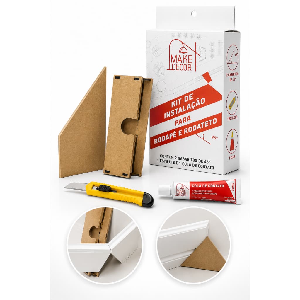 KIT INSTALACAO RODAPE COM ESTILETE CORPO DE PLASTICO E LAMINA DE ACO, COLA E 2 GABARITO DE 45º MDF