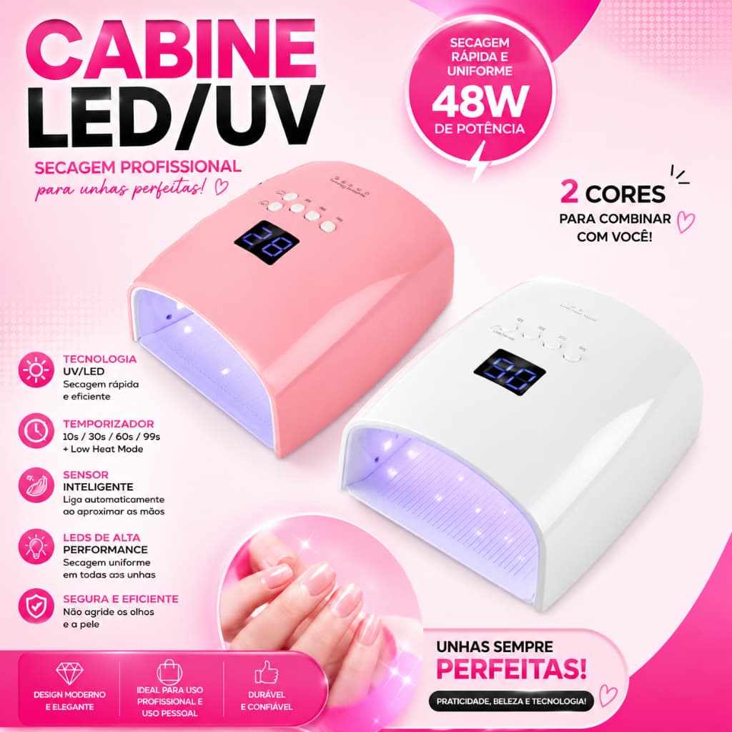 Cabine LED/UV SUN S10 – Branco e Rosa | Secagem Rápida para Unhas em Gel