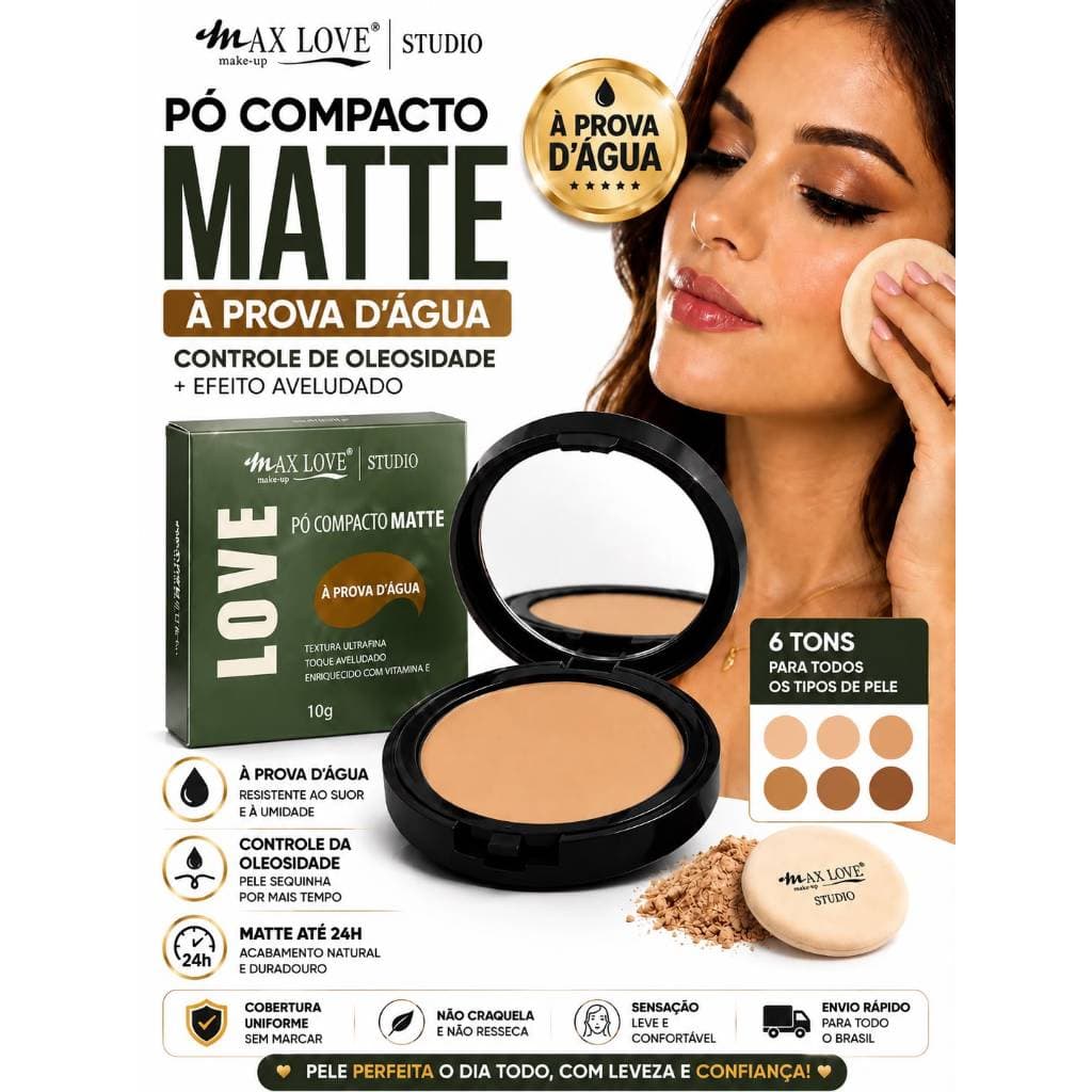 Pó Compacto Matte Max Love Studio À Prova D’Água Controle de Oleosidade Longa Duração 10g