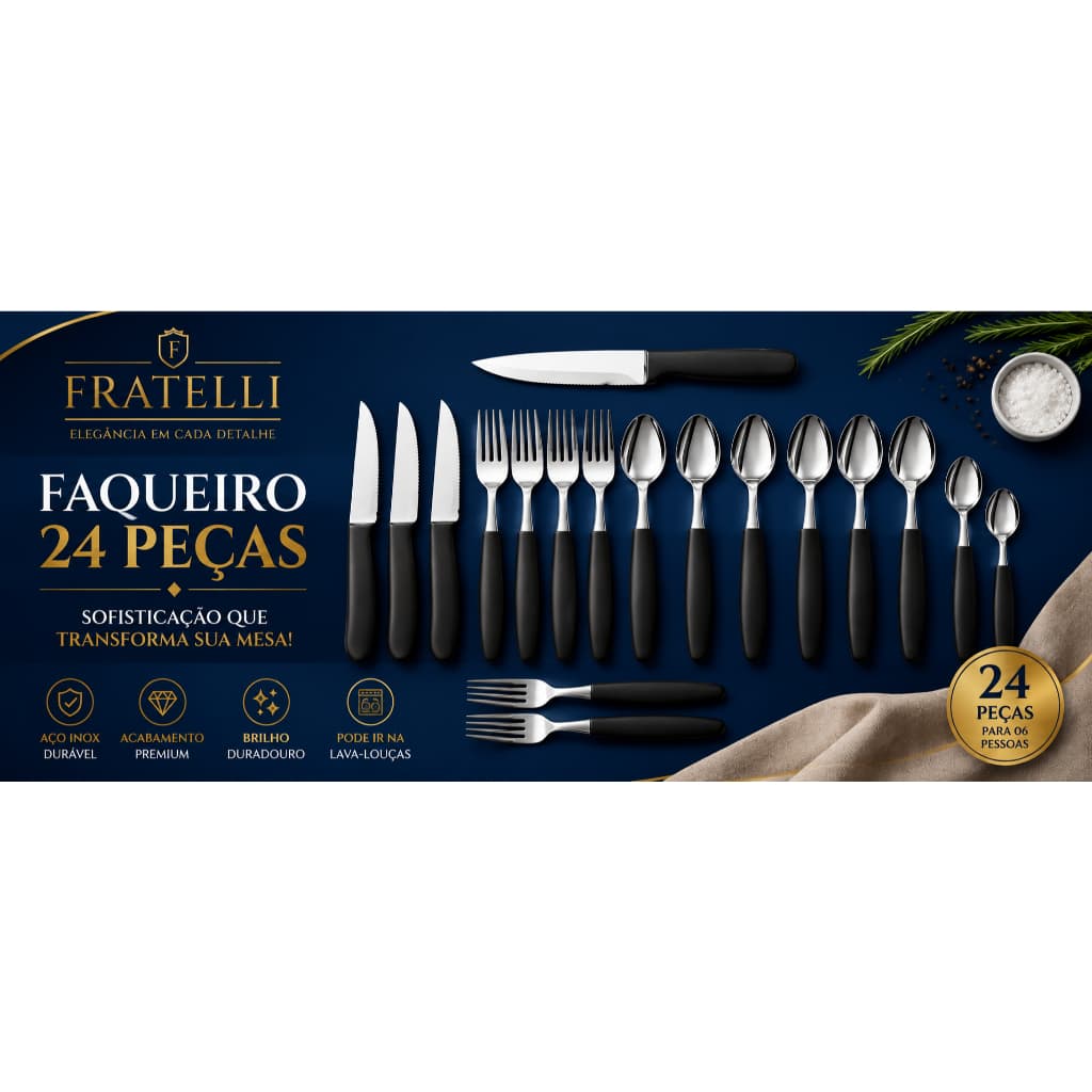 Conjunto de Talheres Caprese inox 26 Peças preto e vermelho churrasco carnes dia a dia