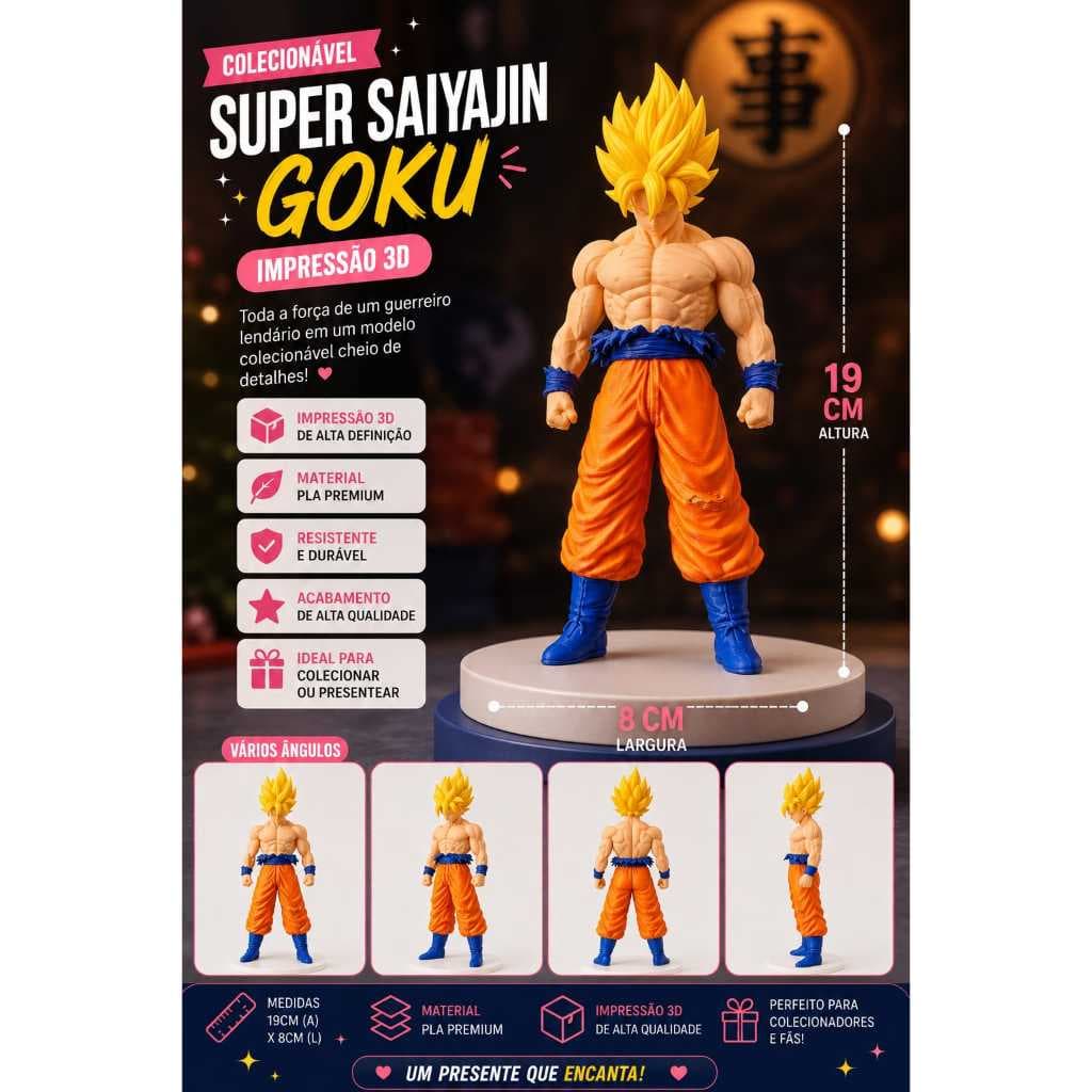 Goku Super Saiyajin – Boneco Colecionável em Impressão 3D | 19 cm