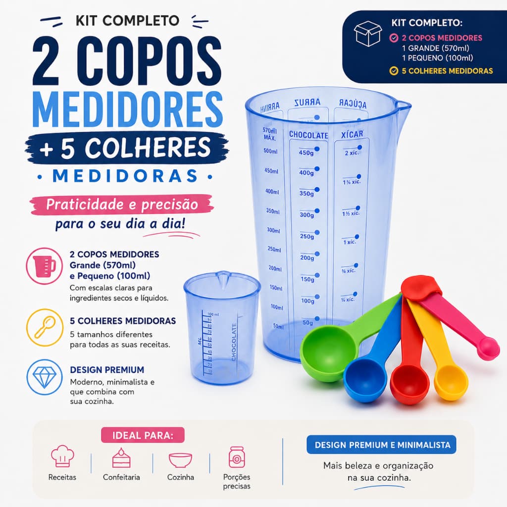 Copo Medidor 570ml + Jogo 5 Colheres Medidoras Coloridas Medidas Culinárias Cozinha Confeitaria Kit 3 Peças