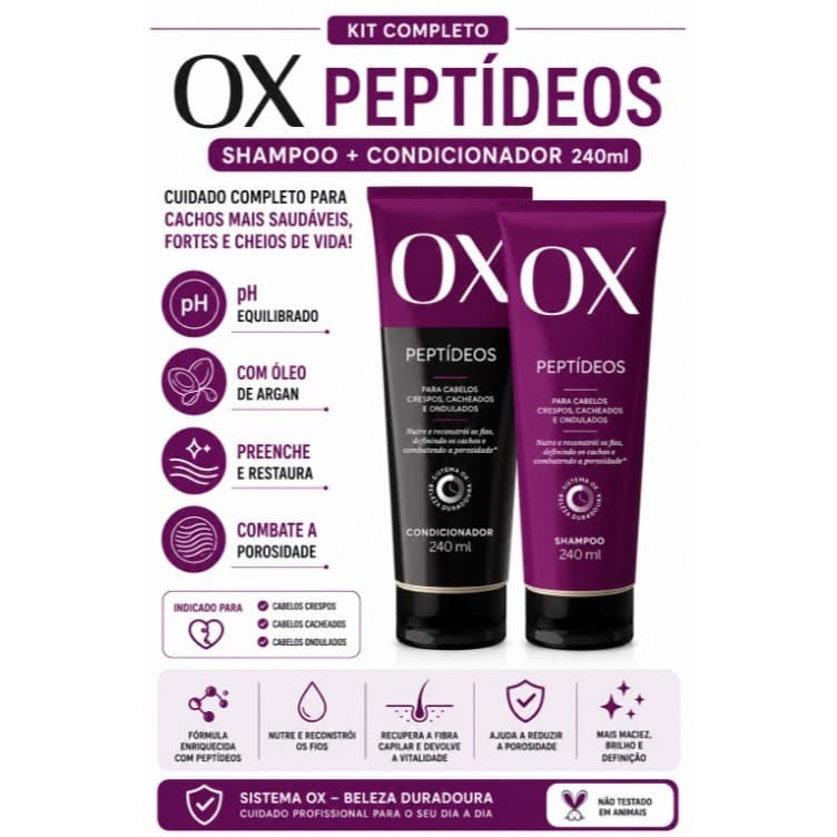 Kit Shampoo + Condicionador OX Peptídeos 240ml Cachos Crespos Ondulados Óleo de Argan