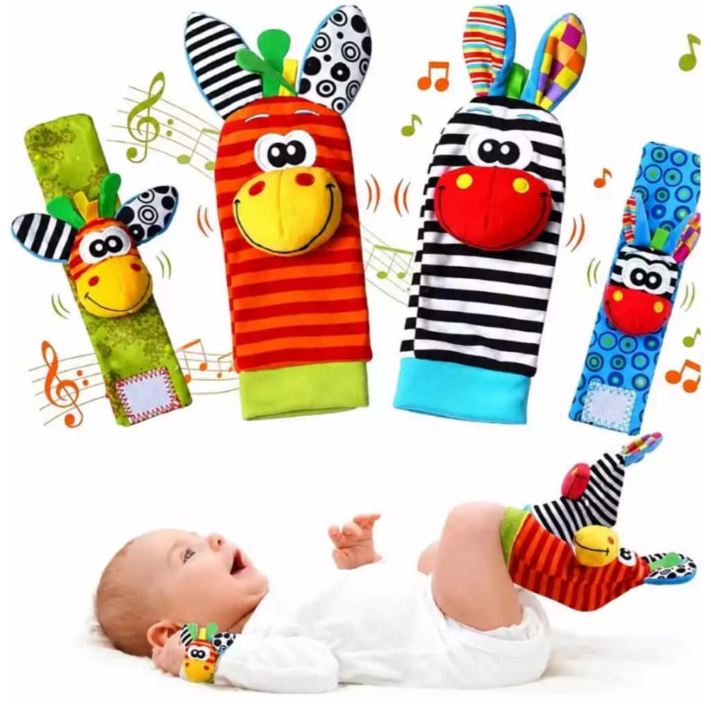 Kit Sozzy Chocalho Bebê Pulseira e Meia 4 Peças Estímulo Sensorial