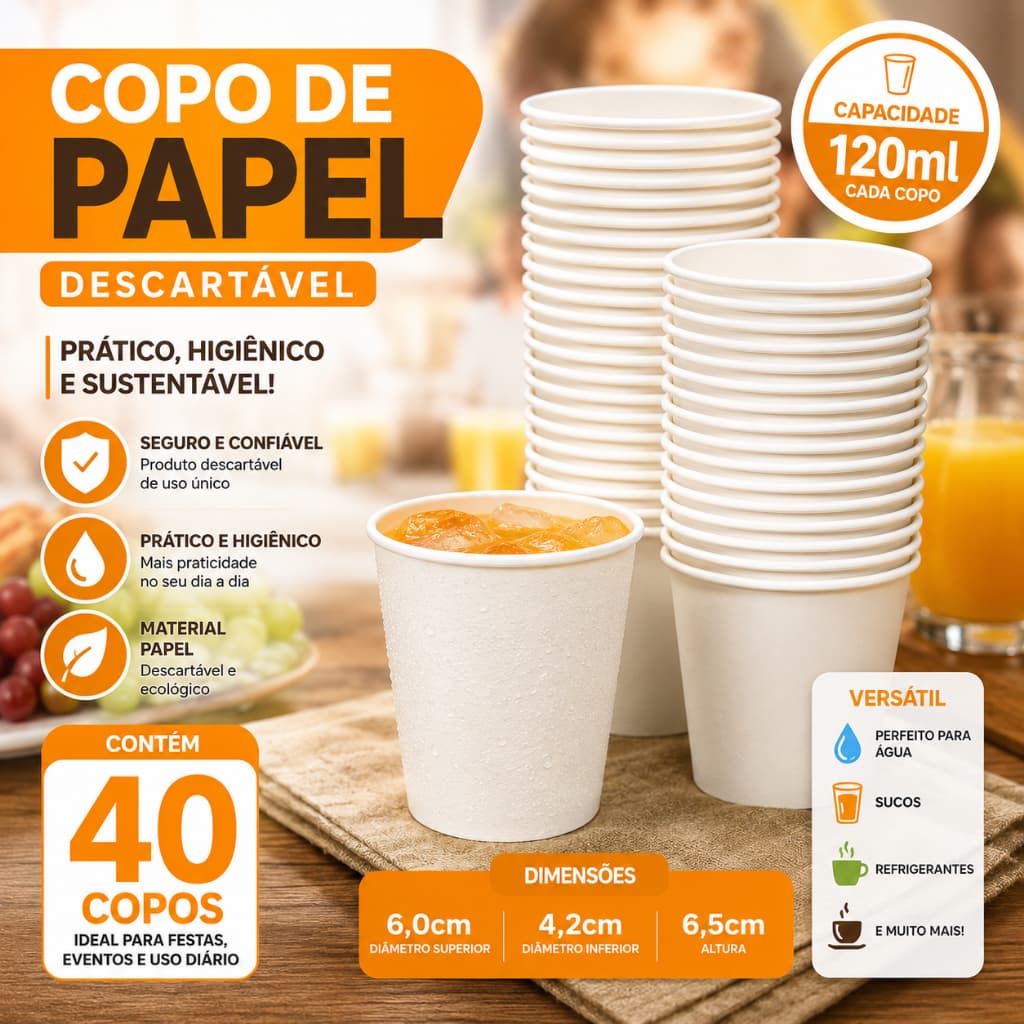 Copo de Papel 120ml Descartável Degustação Branco Com 40 Unidades Bebida Quente Resistente