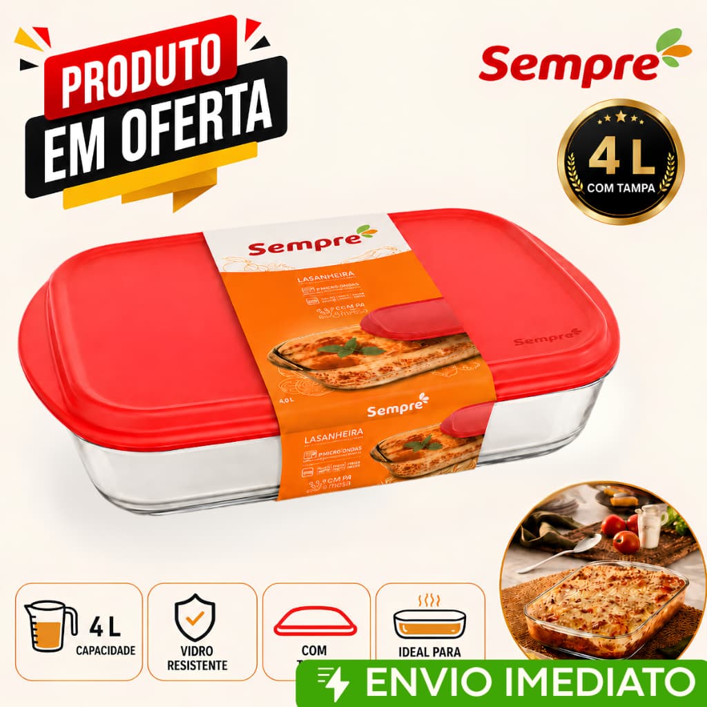 Lasanheira Forma Retangular Sempre 4L Vidro Temperado Tampa Armazenamento