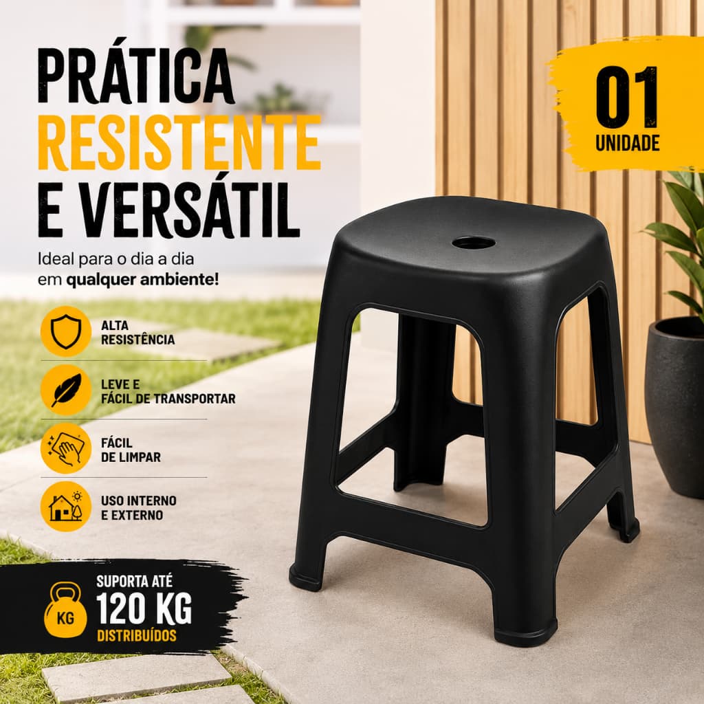 Banqueta Plástica Preta Reforçada 120kg Banco Multiuso