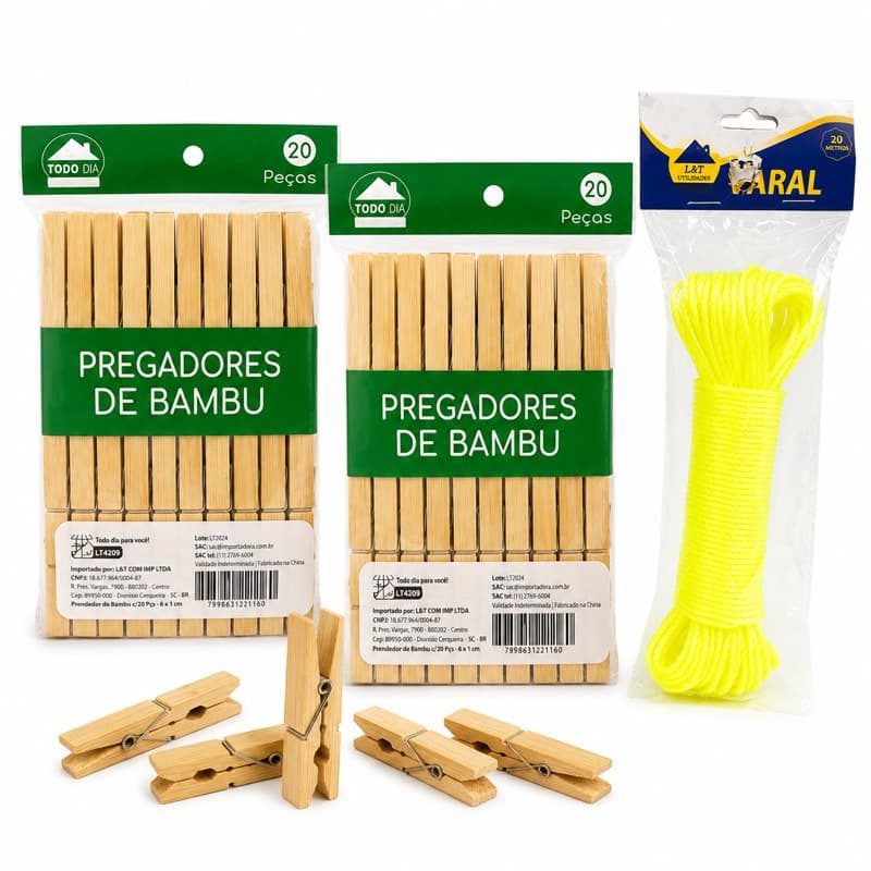 kit 40 prendedores de bambu e corda de varal de 20 metros