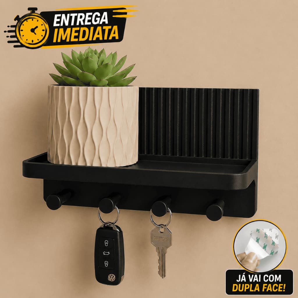 Porta Chaves e Organizador Com Prateleira Decorativa com Vasinho Suculenta + Dupla Face