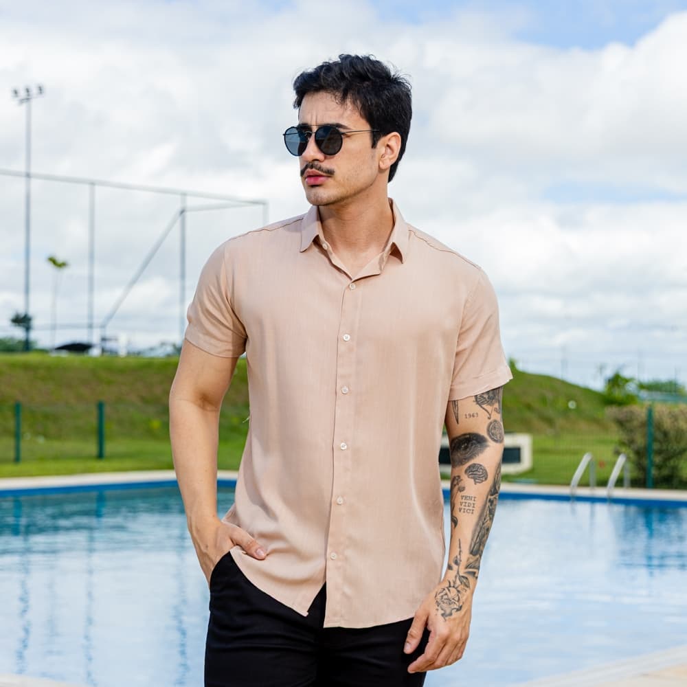Camisa Social Masculina Manga Longa Viscose Trama Linho Slim Fit Executivo
