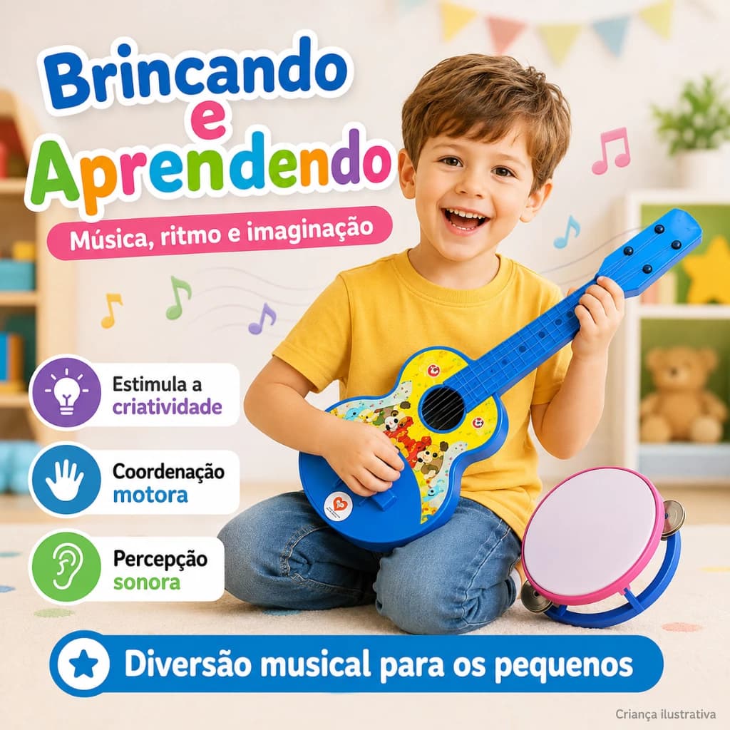 Kit Musical Infantil Pandeiro + Violão Brinquedo Educativo Instrumentos Musicais Cores Sortidas