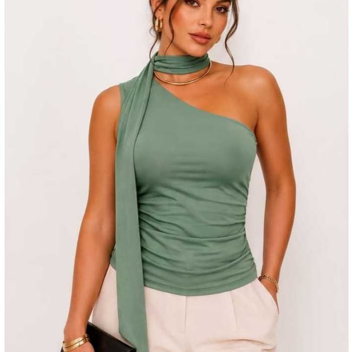 blusa feminina um ombro só Franzido nas laterais gola choker elegante e casual estilo gringa