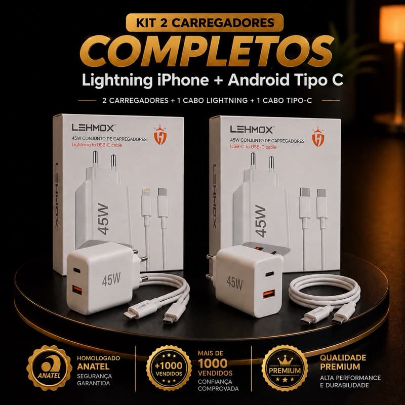 Kit 2 Carregadores 45W Completo iPhone Lightning + Tipo C Turbo Carga Rápida