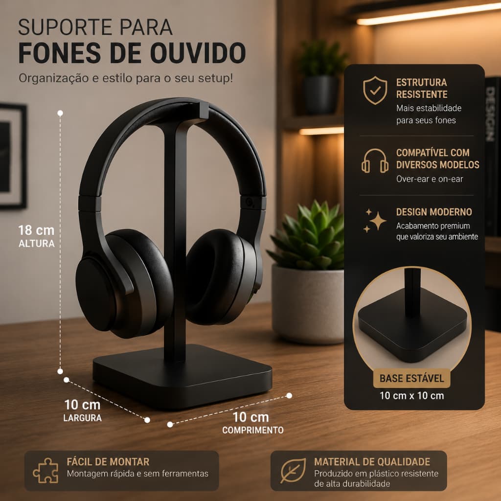Suporte para Headset / Fone de Ouvido de Mesa – Organizador Premium para Gamer, Home Office e Escritório