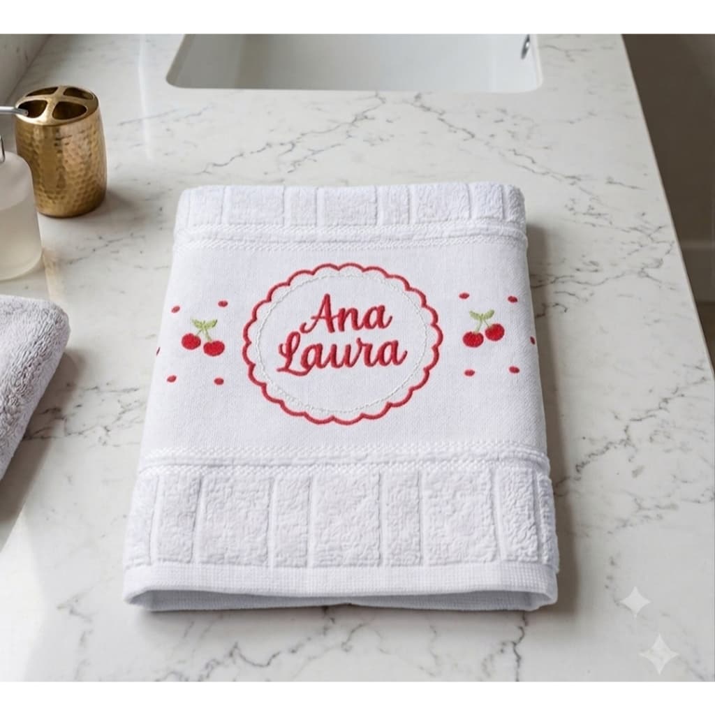 Toalha de mão lavabo Infantil Toalha escolar bordada Lembrancinha Cereja Moldura Cerejinhas
