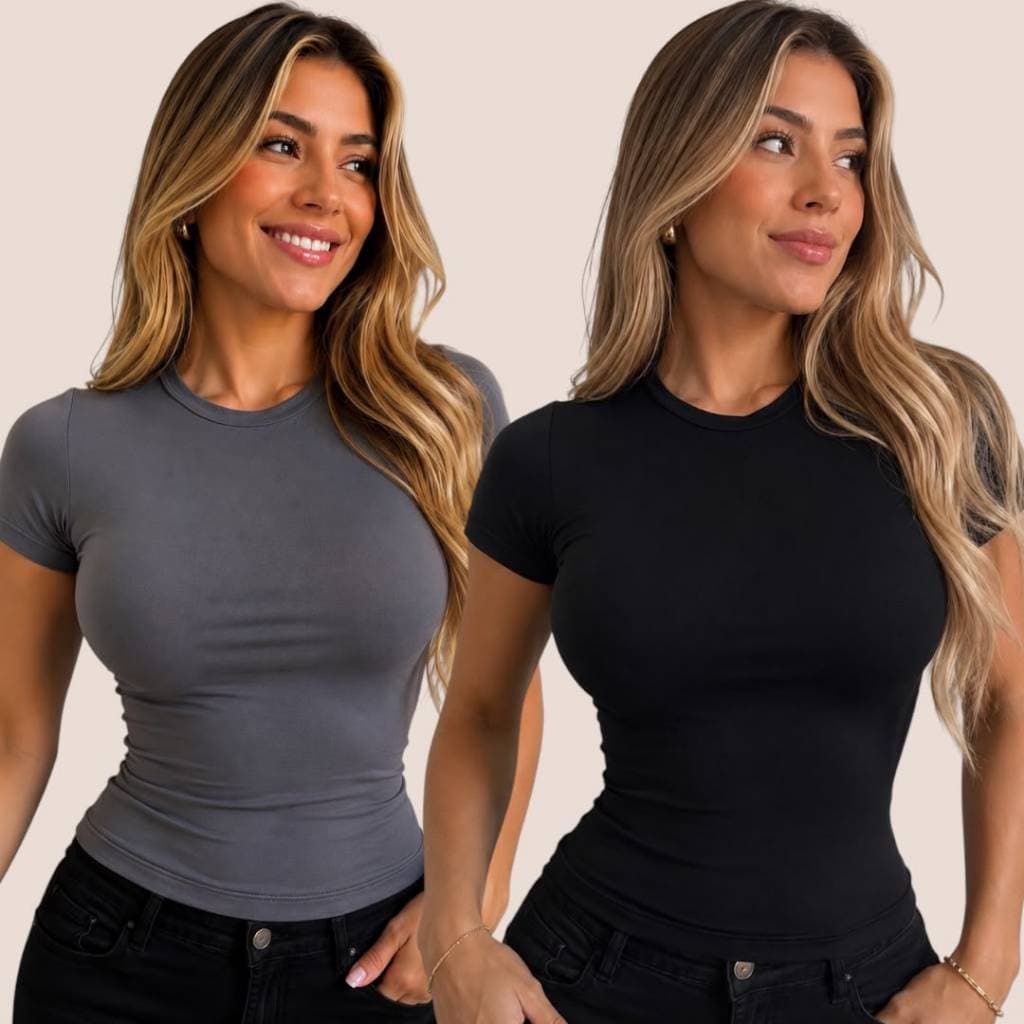 KIT 2 - Baby Tee Feminina - Blusa Slim Fit Manga Curta - Blusa de Compressao Baby Tee - Academia Dia a Dia