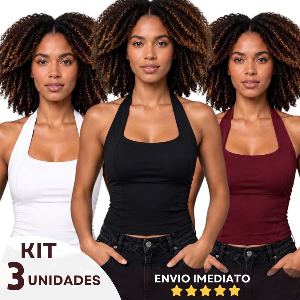 KIT 3 BLUSAS FEMININA TOP HALTER CROPPED AJUSTADO FRENTE ÚNICA COSTA NUA CASUAL ACADEMIA E CASUAL GRINGA