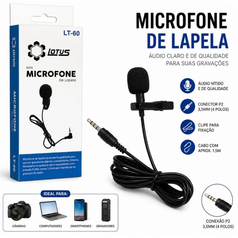Microfone de Lapela para gravações Profissional celular Plug P3 stereo com clipe Metal