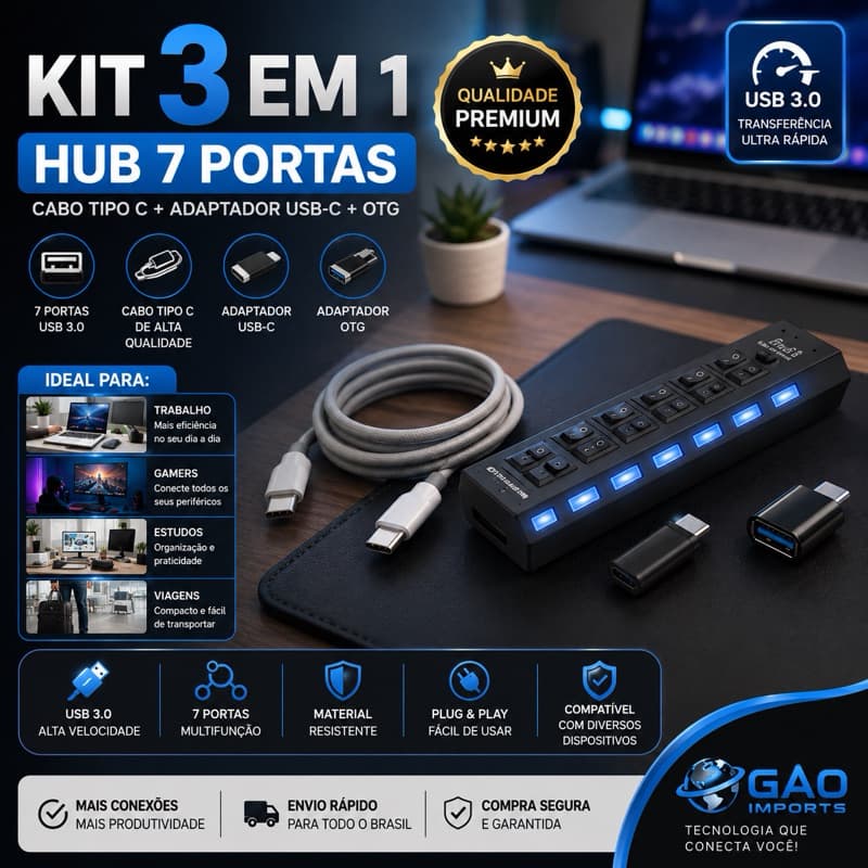 Kit 3 Em 1 Hub 7 Portas Cabo Tipo C Adaptador Usb-c 3.0 Otg