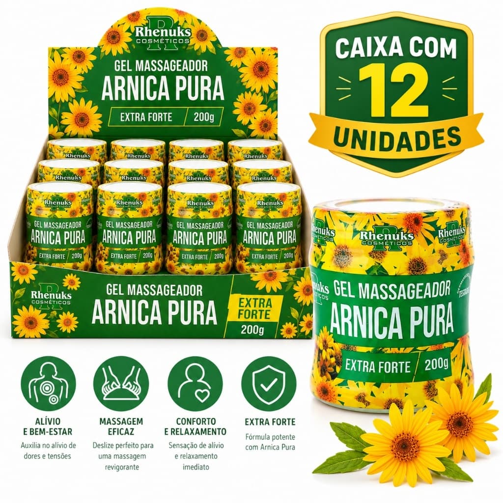 Kit 12 Gel Massageador Arnica Pura Rhenuks Extra Forte 200g Alívio Dores Musculares Atacado