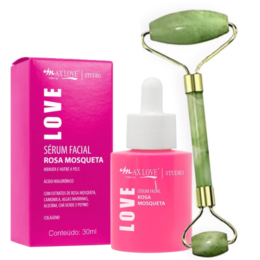 Kit Pedra Jade Roller Facial + Sérum Rosa Mosqueta Max Love Skincare Massagem Clareador Rejuvenescedor Facial