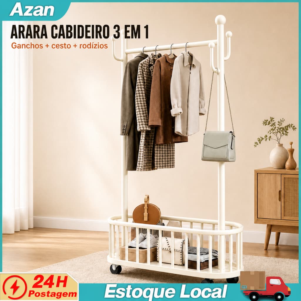 Cabideiro de Chão Arara de Roupas com Rodinhas, Cesto Organizador e Ganchos Laterais Multiuso 100 cm