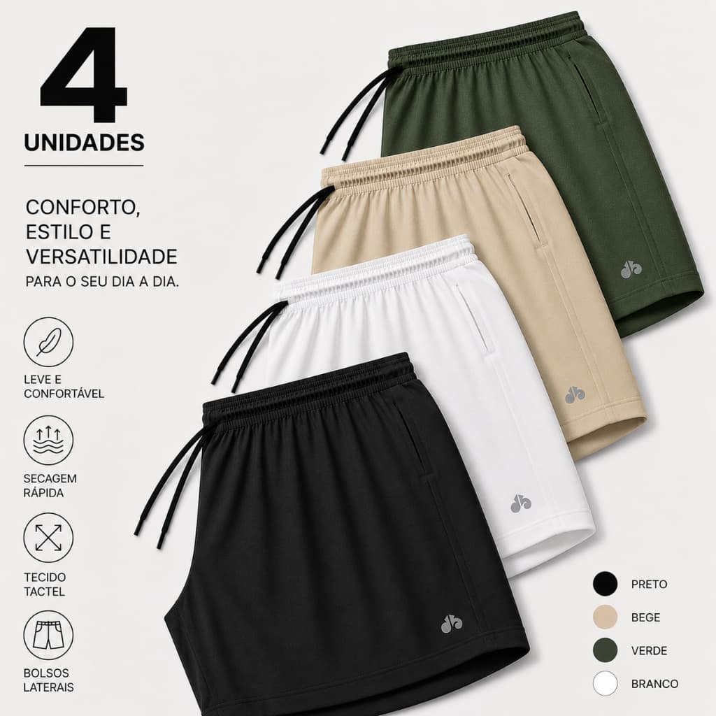 Kit 4 Shorts Tactel Elastano Masculino Bermuda Academia Praia Bolsos Cordão Ultra Leve