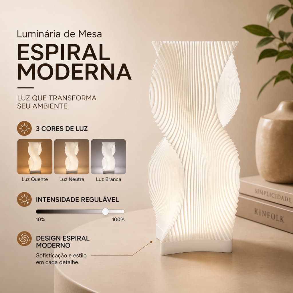 Abajur Mesa Sala Chao Quarto LED Espiral Dimerizável 3 Cores com Controle no Fio