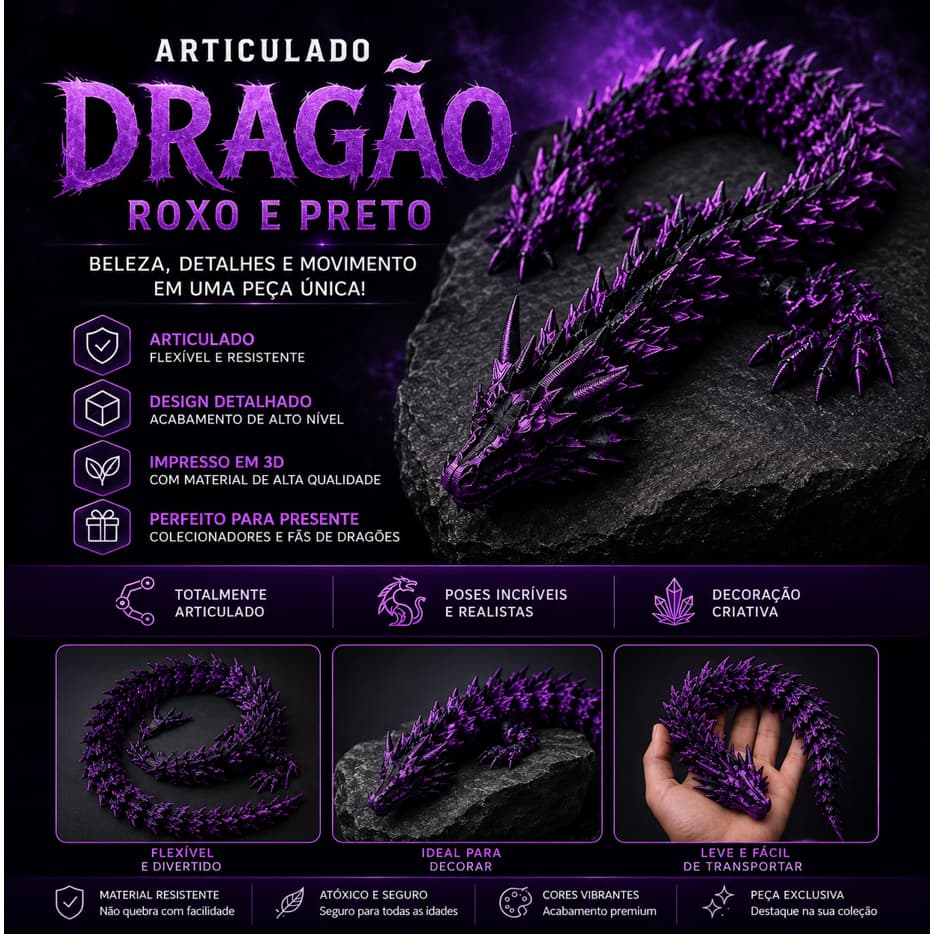 Dragão Articulado Roxo e Preto Flexível Decorativo Colecionável Presente Geek Fantasy Fidget Premium