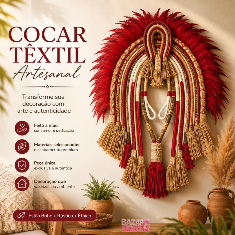Cocar Têxtil Artesanal de Parede Boho Luxo com Penas Decorativo Grande
