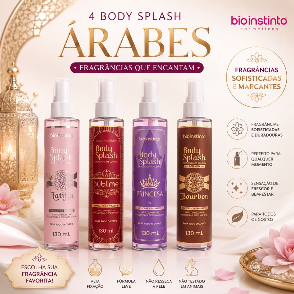 ✨ KIT BODY SPLASH ÁRABES BIO INSTINTO – 4 FRAGRÂNCIAS SOFISTICADAS | 130 mL CADA ✨