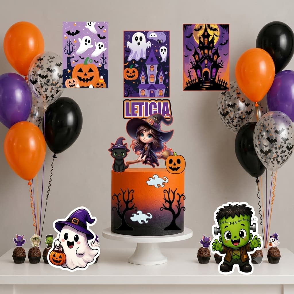 Kit Festa Só Um Bolinho Halloween Personalizado Nome e Idade - Topo de Bolo, Decoração, Bandeirola e Posters A4