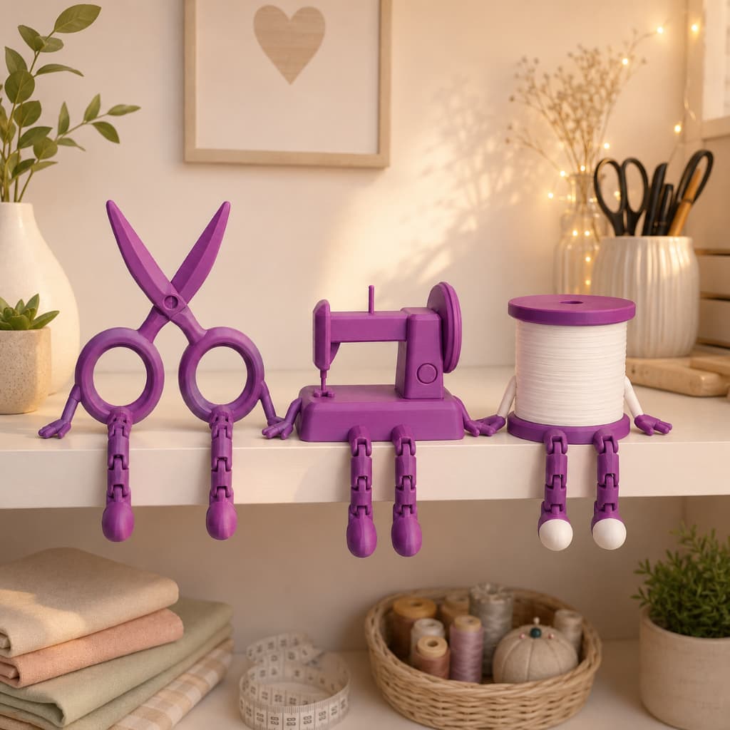 Kit Bonecos Articulados Costura Miniatura Decorativo | Tesoura Máquina de Costura Carretel | Presente Criativo