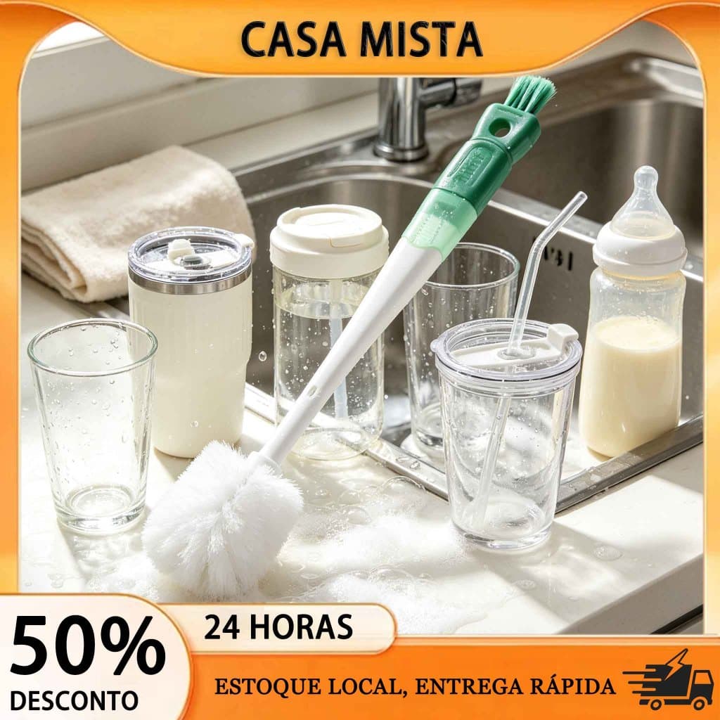 Escova 5 em 1 Limpa Copo Tampa Canudo Mamadeira Cabo Longo Multiuso Cozinha