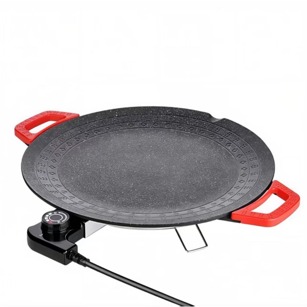 Chapa Elétrica Redonda Antiaderente 46cm com Alças Vermelhas para Churrasco Pizza Carnes e Legumes