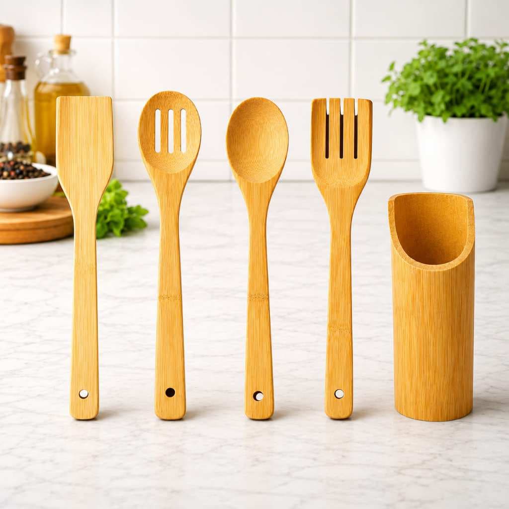 Kit Utensílios de Bambu 5 Peças com Porta Colheres Espátulas Cozinha
