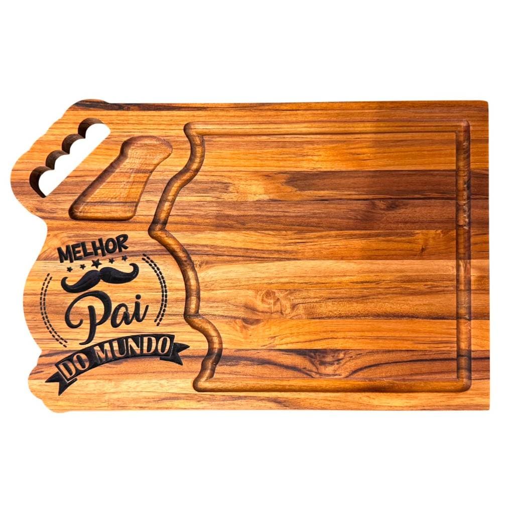 Tábua de Churrasco Premium Madeira Teka Nobre 42x27x2 cm | Emblema “Melhor Pai do Mundo” em Alto Relevo | Presente Dia d