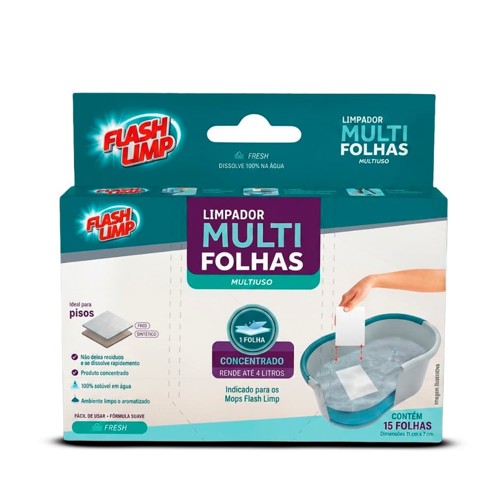 Limpador Multifolhas Fresh Flash Limp 15 Folhas Concentrado Rende Até 4 Litros para Pisos